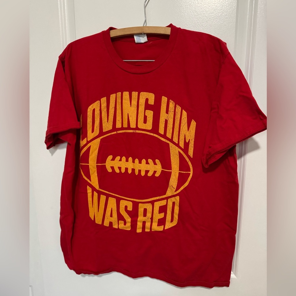 Taylor Swift Red Short Sleeve Graphic Tee with Yellow Print loving him was red